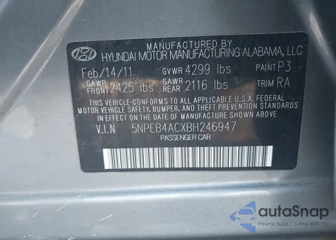 2011 Hyundai Sonata Gls z USA, uszkodzony, nr VIN 5NPEB4ACXBH246947